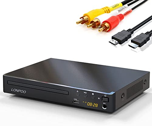 LONPOO DVD Players HDMI for TV, Compact Multi Region DVD CD Player with Full HD Picture Quality,Anti-Skip,No Picture Freeze,Noise Cancellation,Microphone Port,USB Playback,HDMI & AV Cable Included