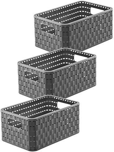 Rotho Country Aufbewahrungsbox 3er-Set Aufbewahrungsboxen 6 L Anthrazit | Aufbewahrungskorb mit Griffen, modular und stapelbar, Rattan-Optik, pflegeleicht, stabil im 3er-Set für Boxen Aufbewahrung