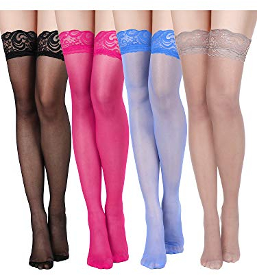 Geyoga 4 Pairs Women Thigh High Stockings Silky Soft Sheer Tights for Women Girls (Black, Rose Red, Coffee, Royalblue)