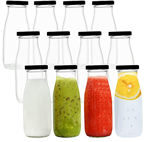 BELLE VOUS Mehrweg Milchflaschen Glasflasche mit Schraubverschluss Metall Deckel (12Stk) - 300ml Vintage Milchflasche Glas Set Milch Wasserflasche Durchsichtig für Smoothies, Grillen, Hochzeit, Party