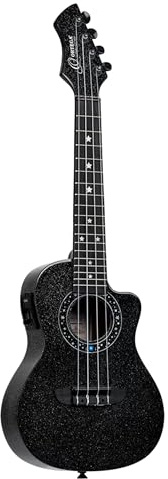 Ortega Guitars Horizon Series E-Akustik Konzert-Ukulele - Agathis Schwarz | Nylonsaiten, Agathis-Decke & -Korpus Hochglanz, Individuelles „Star“-Design, mit Cutaway, inkl. Gigbag, RUHZ-CE-STAR