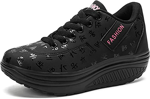 Solshine Damen Fashion Plateau Schnürer Sneakers Dämpfung Keilabsatz Fitnessschuhe 016 Schwarz1 37EU