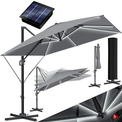 KESSER® Sonnenschirm LED Solar Ampelschirm SUN XL 300 x 300 cm Inkl. Abdeckung +Windsicherung Drehbar Neigbar Kippbar Marktschirm Groß 360° Rotation, Gartenschirm mit Kurbel Sonnenschutz, Anthrazit
