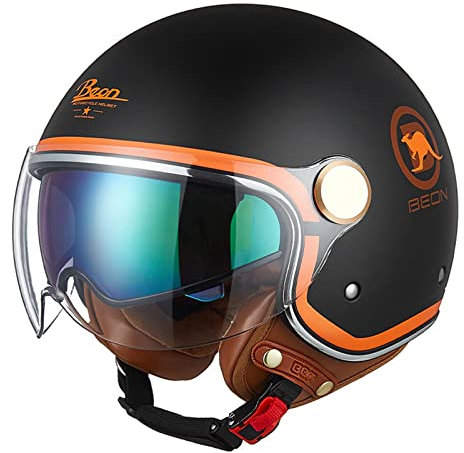 Offener Helm, Motorrad, 3/4-Halbhelme, Motorradhelm mit Sonnenblende, Retro-Vintage-Stil, Jethelm, Moped, Roller-Helm, DOT ECE-zertifiziert für Jugendliche, Männer, Frauen, Schwarz, Orange, XL