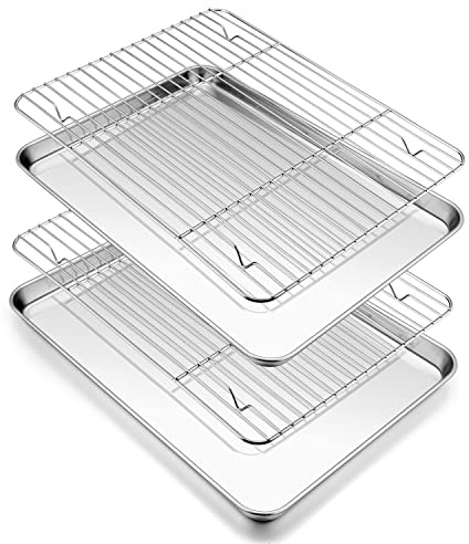 P&P CHEF 12.5 Inch Toaster Oven Pans with Racks, 4 Pieces Stainless Steel Oven Tray Baking Pan Sheet and Cooling Rack for Oven Cooking Roasting, Non Toxic & Dishwasher Safe