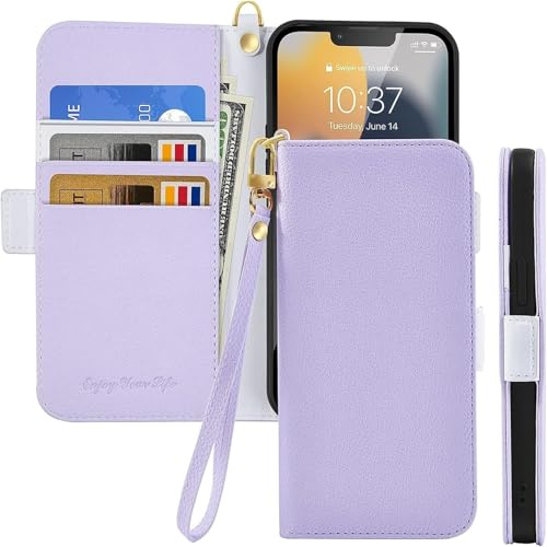 Aisenth Flip Case for iPhone 11 (6.1 inch), Solid Color Litchi Grain Texture Faux Leather Wallet Case Folio Cover with Card Slots, Sided Magnetic Closure, Kickstand + 1 Wrist Strap (Purple)