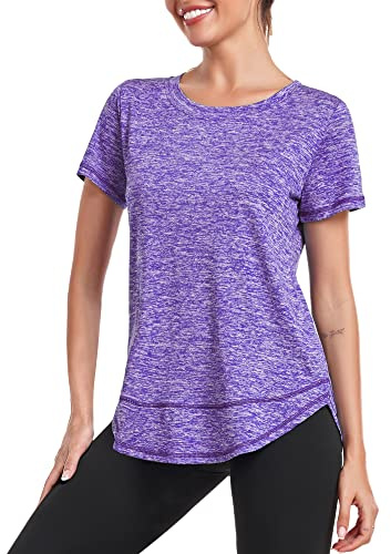 Deaviya Women's Sports T-Shirt Gym Tops, Short Sleeve Workout Casual Running Tops, Ladies Gym Yoga Sports Top, Crew Neck Fitness T-Shirts for Women, Loose Side Split Tee,Purple XXL