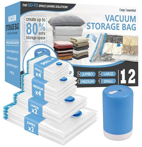 Cozy Essential Travel Vacuum Storage Bags with Rechargeable Cordless USB Pump, Space Saver Bags for Luggage, Suitcase, Carry-On, for Clothes, Blankets, Bedding & Seasonal Storage,12 Combo