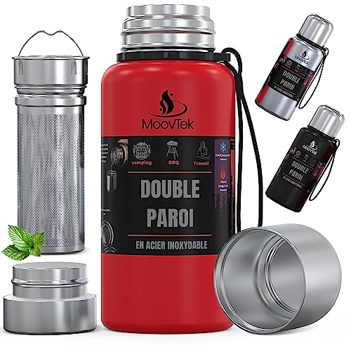 Bouteille infuseur à thé avec tasse double paroi en acier inoxydable 304 - Bouteille isotherme 600ml avec filtre extra-long idéal pour Thé, Café, et Eau