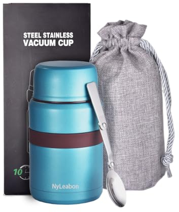 Thermobehälter für Essen 500ml, NyLeabon Speisegefä Edelstahl Thermo Speisebehälter Lunchbox Essensbox Thermobecher Babybrei Isoliergefäß mit Klapplöffel für Kinder und Erwachsene (blau)