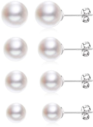 Silber 925 Perlen Ohrstecker Set für Damen, Kleine Weiße Perlen Ohrstecker 4 Paar Hypoallergen Sterling Silber Ohrringe Kleine Perlen Ohrringe Set Kleine Knorpel Ohrstecker Schmuck Damen Mädchen