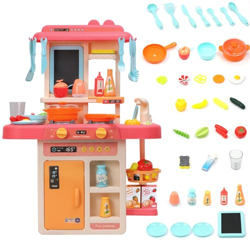 EVERGD Kitchen Cooking Play Set Cookware Playset Role Playing Toy Game with Light and Sound Features Gifts for Children Kids (Pink-42 Accessories)