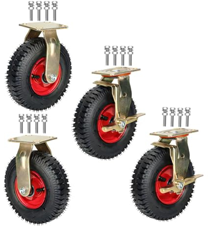 Luftreifen Gummi Lenkrolle Mit Bremse, 4er SET Transportrollen Hohe Elastizität Abriebfest Durchmesser 200/250MM Mit Kugellager, Für Trolleys 8/10 Inch Industrie Bockrolle Schwerlast