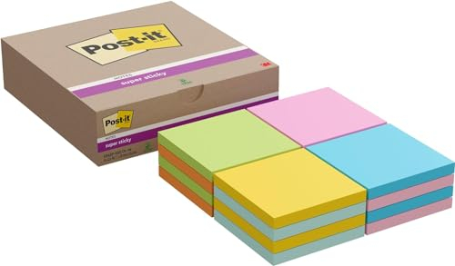 Post-it Super Sticky Notes, Packung mit 16 Blöcken, 90 Blatt pro Block, 76 x 76 mm, Farben: Pink, Orange, Blau, Grün, Gelb - Extra-stark klebende Notizzettel für To-Do-Listen und Erinnerungen
