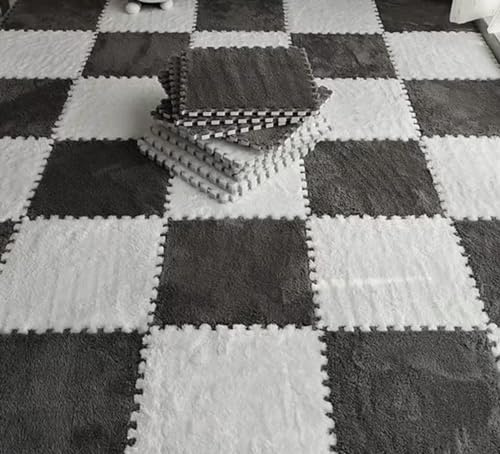 10pcs 30cm/11.8in Plush Foam Floor Mat, Interlocking Foam Squares Fluffy Carpet Tiles Plush Area Rug for Room Floor (Grey White)