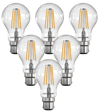 paul russells LED Filament GLS – Dimmable Bayonet Cap Fittings B22 Light Bulbs, 7Watt 806Lumens Classic A60 LED Bulbs, 60w Equivalent, 2700K Warm White Dimmer BC Energy Saving Lamps, 6 Pack