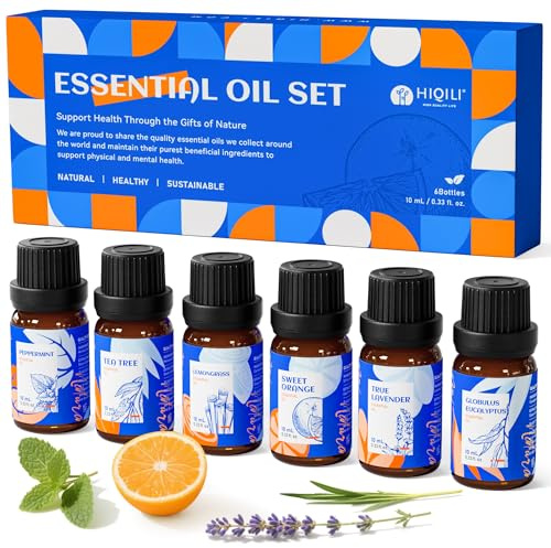 HIQILI Ätherische Öle Set 6x10ml, 100% Rein, für Diffusor, Aromatherapie, DIY Kerzen, Enthält Lavendel, Teebaum, Eukalyptus, Pfefferminze, Süße Orange, Zitronengras