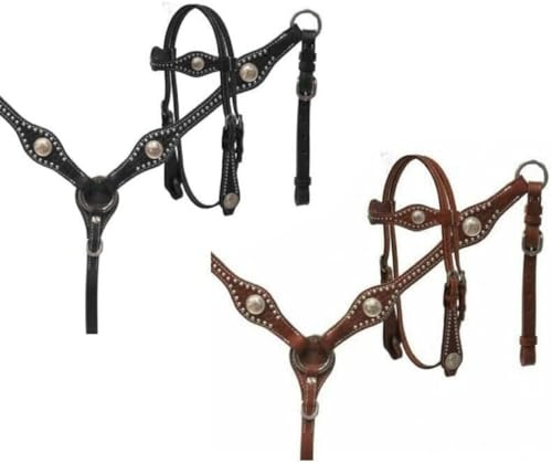 EQUIGEAR Western-Leder-Set mit handgefertigtem Kopfstück und Vorderzeug mit Zügeln. /Size-Full,Cob,Pony AO-0071 (Full, Brown)