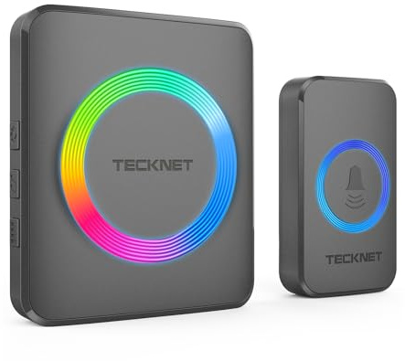 TECKNET Timbre inalámbrico, juego de timbre inalámbrico, alcance de 600 m, IP65, resistente al agua, timbre para puerta de casa con 1 receptor y 1 transmisor, anillo de puerta y botón de timbre con