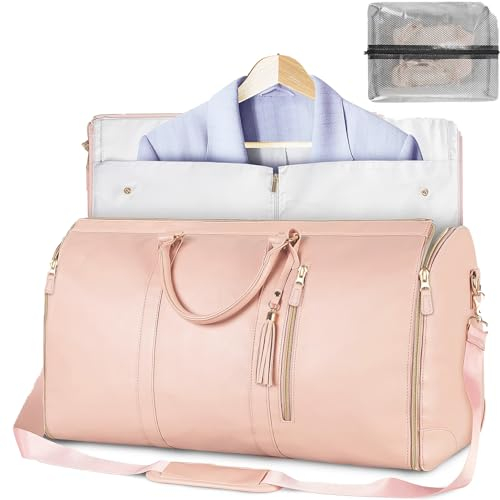 Faltbare Sport-Reisetasche, Kleider Seesack Mit Schuhfach, Wasserdichter Kleidersack,Tragetasche Aus PU-Leder, 2 In 1 Hängender Koffer (Rosa)