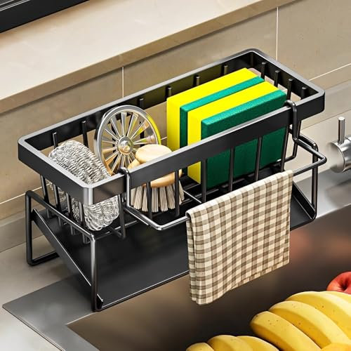 TFSZE Organizador De Fregadero Cocina,Soporte Esponja Fregadero,Cocina Negro Multifuncional Estante, con Bandeja Autodrenante,para Almacenamiento En La Cocina Y El Baño,Almacenamiento (Estilo Corto)