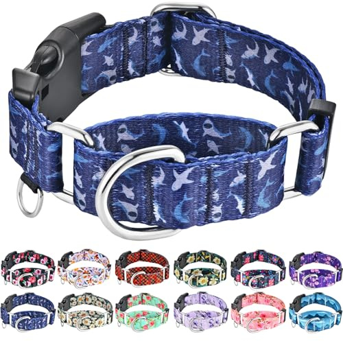 Fidohug Martingale Collar for Dogs with Buckle Shark Dog Collar Adjustable Soft Nylon Boy Dog Collars for Large Dogs, Deep Blue Shark