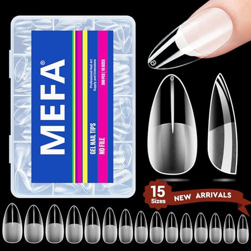 MEFA Faux Ongles, 300Pcs Capsule Americaine Ongles Semi Givré Capsules Gel Faux Ongles Ongle Pose Americaine, 15 Tailles Couverture Complète, Amande Moyenne