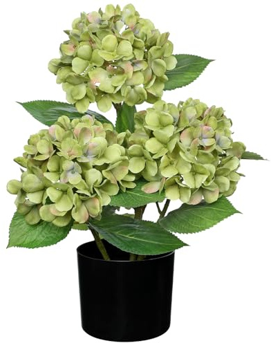 Hollyone 19 Hydrangea Artificial Flowers in Black Pot, 7.5 Large Fake Hydrangeas Green Silk Flowers, Decorative Potted Flowers for Home Decor, Living Room, Tabletop, Desk, Kitchen Decorations