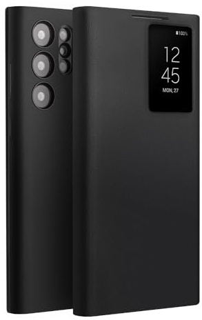 fake action Smart S23 Ultra Schutzhülle aus echtem Leder für Samsung Galaxy S23 Ultra, ultraleichte Handyhülle mit luxuriöser Business-Smart-View-Hülle für S23 Ultra (Schwarz)