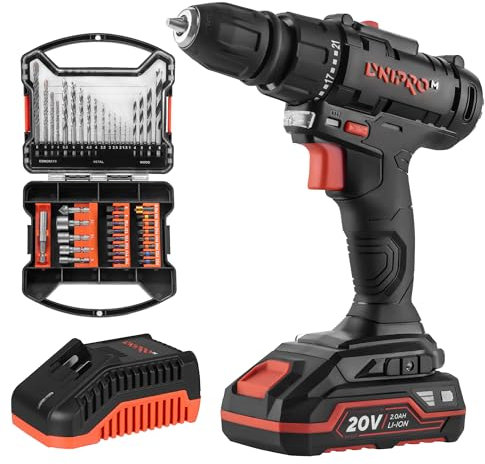 Dnipro-M Taladro Percutor a Bateria CD-218Q 20V - Destornillador Eléctrico con Batería de 2Ah, Taladro Inalámbrico Profesional - Kit Herramientas con Juego de Brocas 41 uds y Cargador Rapido