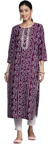 Jaanvi fashion Kurta da donna in cotone ricamato a specchio Bandhani - Abbigliamento etnico, casual e festivo, comodo ed elegante, Viola chiaro, L