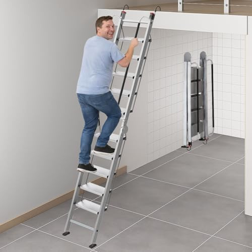 Foldable Aluminum Loft Stairs Ladder 8.5ft / 9ft / 9.5ft / 10.5ft / 11.5ft, Heavy Duty Bunk Bed ladders with Handrails ＆ Hooks, 10 Step Attic Ladder for Small Opening, Load 330 lbs