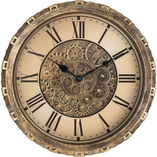 LENAUQ Moving Gears Wall Clock, 15 Inch Modern Gear Rotating Wall Clock Old Style Rustic Unique Vintage Industrial Clock for Living Room Decor Home Farmhouse (Vintage Copper)