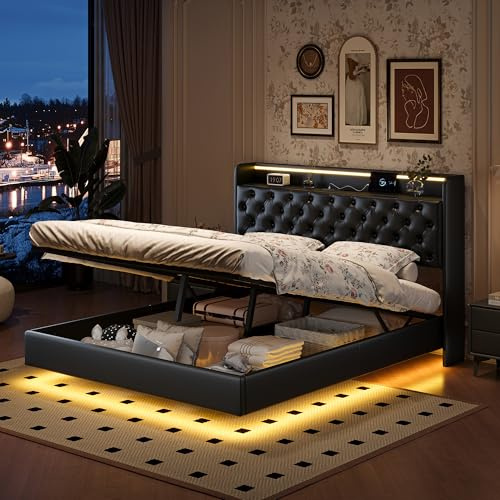 LIVLUX Bett mit Bettkasten, 140 x 200 cm, mit LED-Beleuchtung und USB-Anschluss, gepolstertes Doppelbett mit Stauraum und Kopfteil, für Erwachsene und Jugendliche, PU (Schwarz C, 140 x 200 cm)