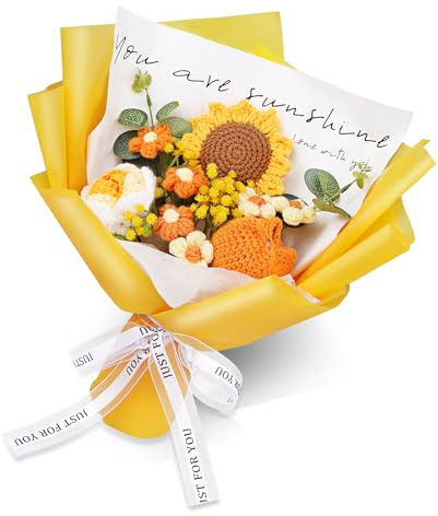 Pecihiko Crochet Sunflower Bouquet Handmade – Knitted Yarn Flower Arrangement, Everlasting Hand-Woven Flowers for Mother’s Day, Birthday, Wedding, Graduation Gift (Yellow-Big)