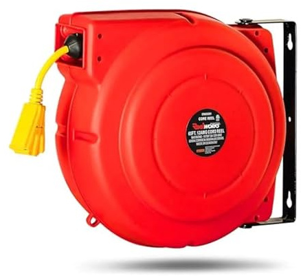 Bobina di prolunga retrattile Heavy Duty 12AWG X 65' Foot Cavo commerciale Triplo connettore alimentazione Interruttore automatico 15A