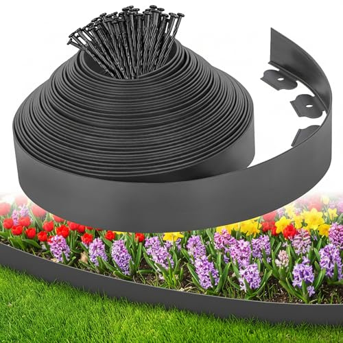 3-Inch x 50 FT Landscape Edging Border with 75 Stakes, Garden Border Edging Kit, Flexible Plastic Edging Border for Garden Flower Beds Lawn Yard Paver Pathway (Black)