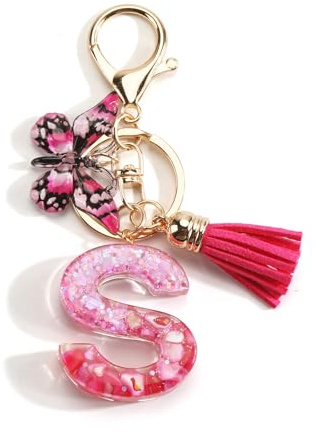 Porte-clés pour femme avec initiales en résine, pendentif tassel et papillon, bijou de sac élégant, cadeau collègue, accessoires charms pour sac à main, superbe porte clef maman anniversaire (S)