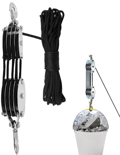 KBIBCK Schwerlast Flaschenzug, seilzug-Flaschenzugsystem, 2000 kg Max. 8:1 Hubkraft, 270° Drehbar Arbeitssparender, Hochleistungs-Seilzug mit 20m Nylon für JagdGaragen Lagerhallen