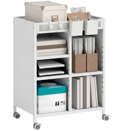 HOMCOM Bücherregal mit Rollen, Bücherwagen mit 4 Ebenen für Zuhause Weiß | Oberem Aufbewahrungskorb, Verstellbaren Regalen, Rollwagen, Wohnzimmer, Büro
