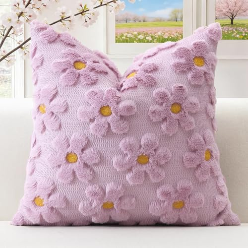 Artscope 1 Pezzi Primavera Estate Federe in Lana Corta Velluto Copricuscini Morbido Decorativo Fodere per Cuscino Lusso Stile per Divano Camera da Letto Fiori Lilla Chiaro 50x50 cm