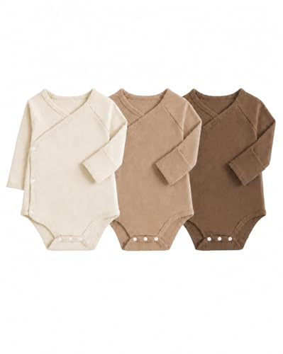 JiAmy 3PCS Baby Boys Girls Bodysuits, 100% Cotton Baby Grow Wrap Vests Long Sleeve Clothes Set Brown Tops 6-9 Months