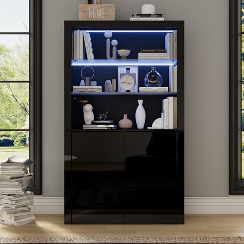 kowdom Vitrin högskåp 100 x 35 x 170 cm – högglans förvaringsskåp med LED-app, highboard med 2 glashyllor, förvaringsskåp, svart, soffskåp för vardagsrum, som samlarvitrin