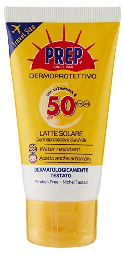 PREP, Latte Solare Dermoprotettivo SPF 50, Protezione Solare Raggi UVA e UVB, Senza Parabeni, Travel Size Formato 50 ml