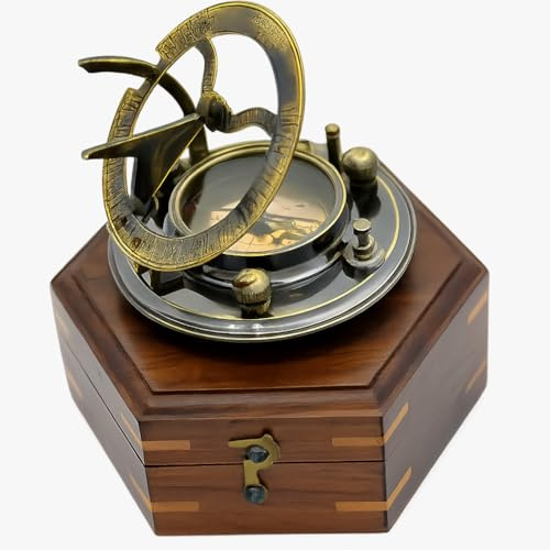 Nautical Antique Gilbert Brass Decorative Sundial Compass with Rose Wood Box