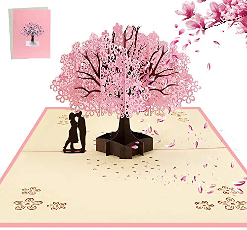 AOBETAK Pop up 3D desplegable con sobre para esposa, marido, novio, novia, pareja romántica bajo el árbol de cereza, tarjetas para boda, Navidad, cumpleaños, aniversario, día de San Valentín