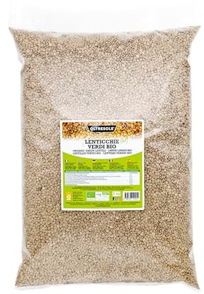 Oltresole, Lentilles vertes biologiques 5 Kg, Légumineuses entières biologiques séchées, source de protéines et de fibres, riches en fibres et en sels minéraux, format pratique