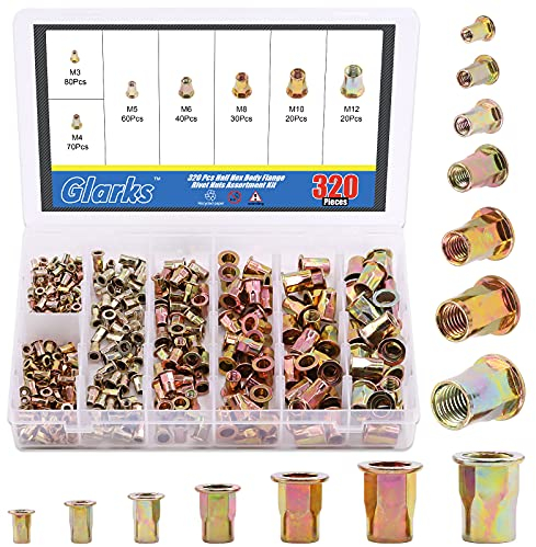 Glarks 320Pcs M3 M4 M5 M6 M8 M10 M12 Half Hex Body Flange Rivet Nuts Assortment Kit, Zinc Plated Carbon Steel Flat Head Threaded Insert Nut Rivnut Set (Rivet Nut Set)