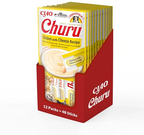 INABA Churu Puree Katzenleckerlis Creamy Snacks, Hochwertige Proteine mit Huhn & Käse 56 g (12er Pack), Katzensnacks in Premium Qualität
