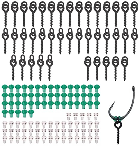 FYSL Angelhaken Set - 140 Stück mit 40 Stück Gewinde Boilie Köder Schrauben und 100 Stück Stopper, Hook Stops Angelhaken Set, Kreis Oval Köder Jig Haken Angelgerät Zubehör